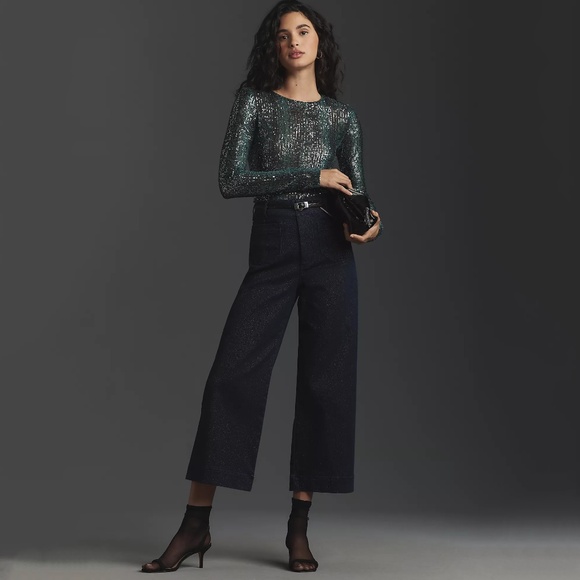 Anthropologie Maeve The Colette Sparkle Denim Cropped Wide Leg Jeans Size 26P - Picture 13 of 13